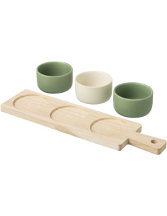 Planche à tapas rectangulaire 3 Bols en Bois Naturel Céramique Vert Blanc Noxi - 1 2