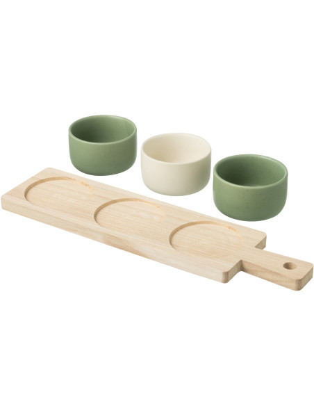 Planche à tapas rectangulaire 3 Bols en Bois Naturel Céramique Vert Blanc Noxi - 2