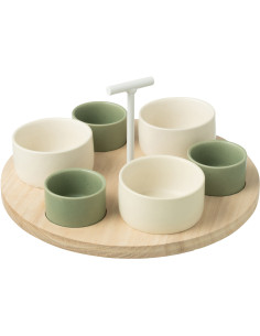 Service à tapas rond 6 Bols en Bois Naturel Céramique Vert Blanc Noxi - 1