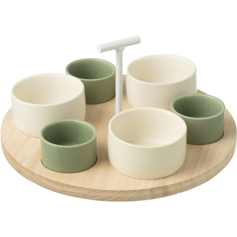 Service à tapas rond 6 Bols en Bois Naturel Céramique Vert Blanc Noxi - 1