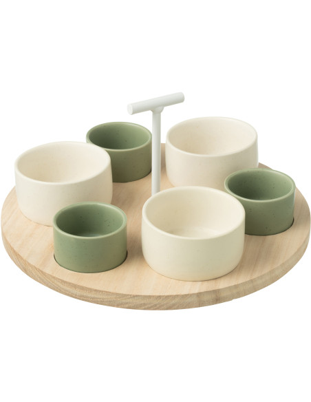 Service à tapas rond 6 Bols en Bois Naturel Céramique Vert Blanc Noxi - 1