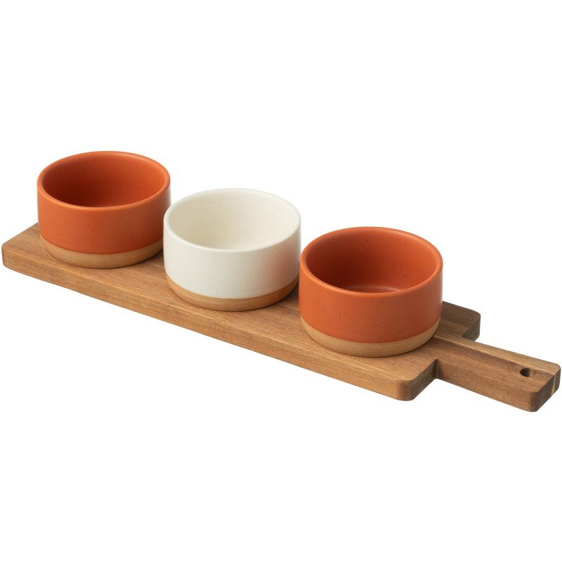 Planche à tapas rectangulaire 3 Bols en Bois Naturel Céramique Terracotta Blanc Noxi - 1