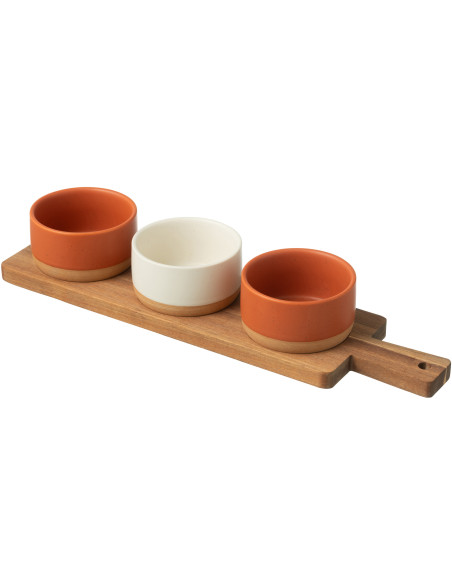 Planche à tapas rectangulaire 3 Bols en Bois Naturel Céramique Terracotta Blanc Noxi - 1