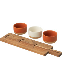 Planche à tapas rectangulaire 3 Bols en Bois Naturel Céramique Terracotta Blanc Noxi - 1 2