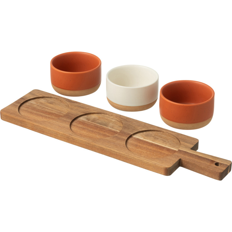 Planche à tapas rectangulaire 3 Bols en Bois Naturel Céramique Terracotta Blanc Noxi - 2