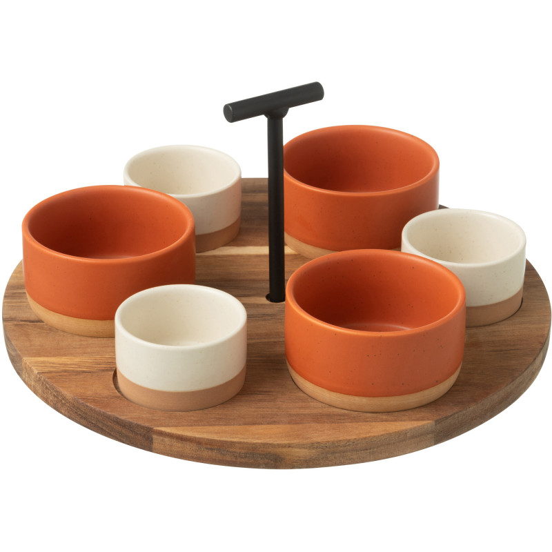 Service à tapas rond 6 Bols en Bois Naturel Céramique Terracotta Blanc Noxi - 1