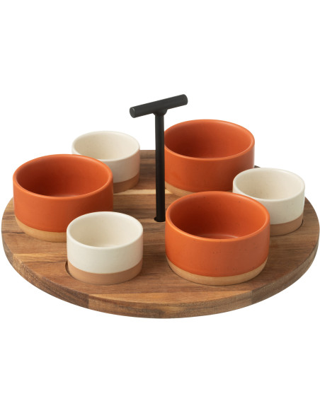 Service à tapas rond 6 Bols en Bois Naturel Céramique Terracotta Blanc Noxi - 1