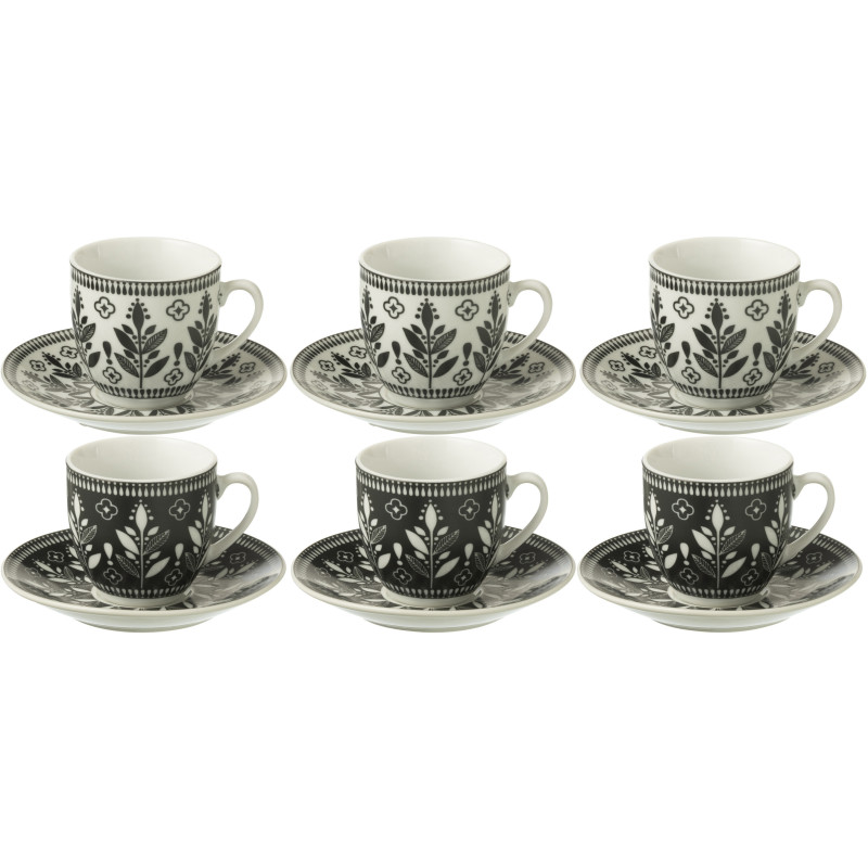 Coffret 6 Tasses Espresso 80 ml en Céramique Noir Blanc Motif feuilles Kalo - 1