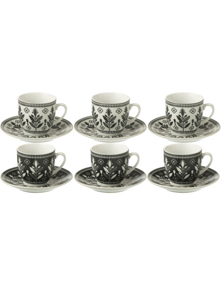 Coffret 6 Tasses Espresso 80 ml en Céramique Noir Blanc Motif feuilles Kalo - 1