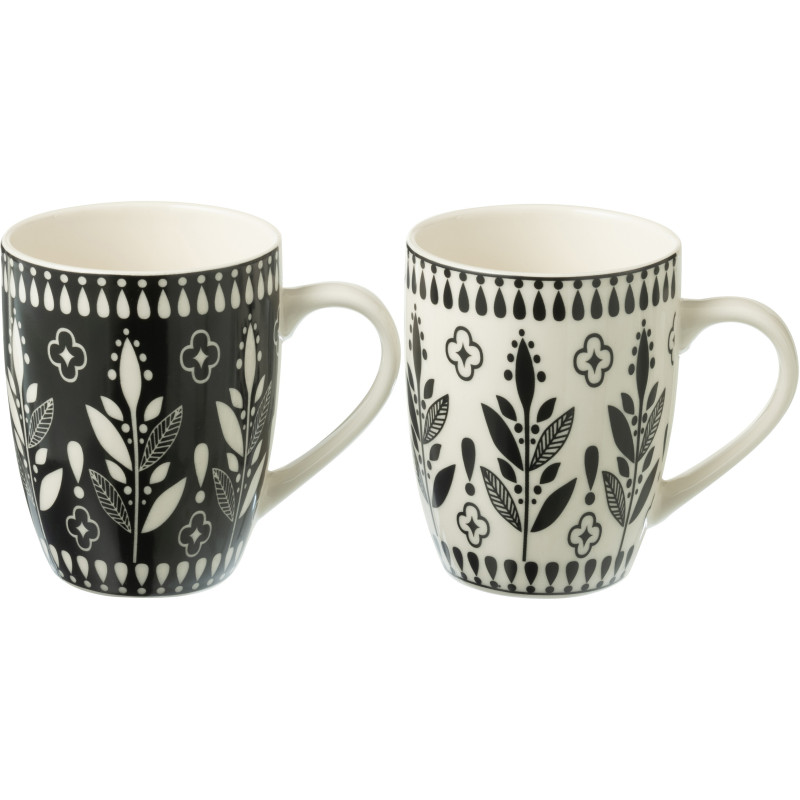 Coffret 2 Mugs 350 ml en Céramique Noir Blanc Motif feuilles Kalo - 1