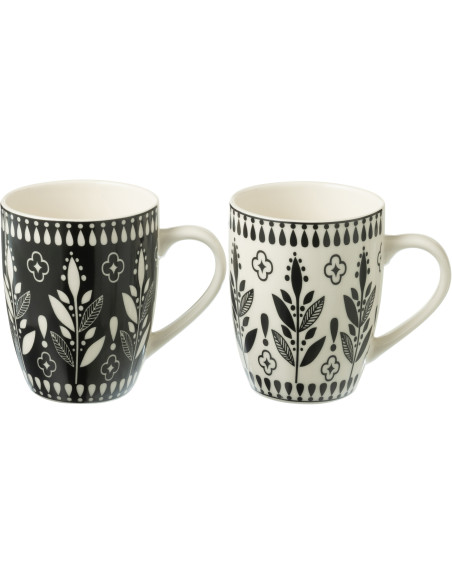Coffret 2 Mugs 350 ml en Céramique Noir Blanc Motif feuilles Kalo - 1