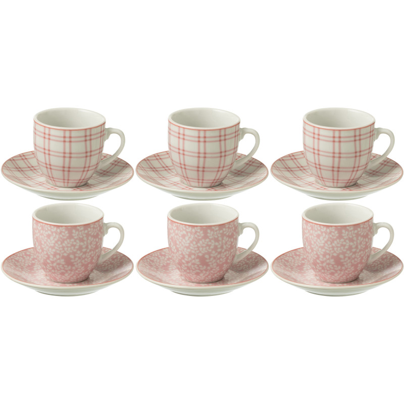 Coffret 6 Tasses Espresso 80 ml en Céramique Rose Blanc Motif fleurs et carreaux Keno - 1