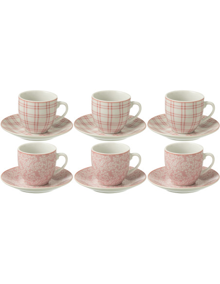 Coffret 6 Tasses Espresso 80 ml en Céramique Rose Blanc Motif fleurs et carreaux Keno - 1