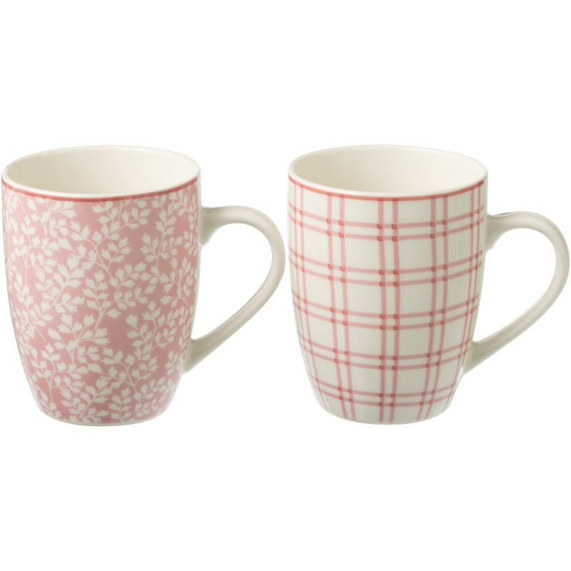 Coffret 2 Mugs 350 ml en Céramique Rose Blanc Motif fleurs et carreaux Keno - 1