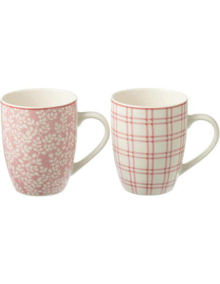 Coffret 2 Mugs 350 ml en Céramique Rose Blanc Motif fleurs et carreaux Keno - 1