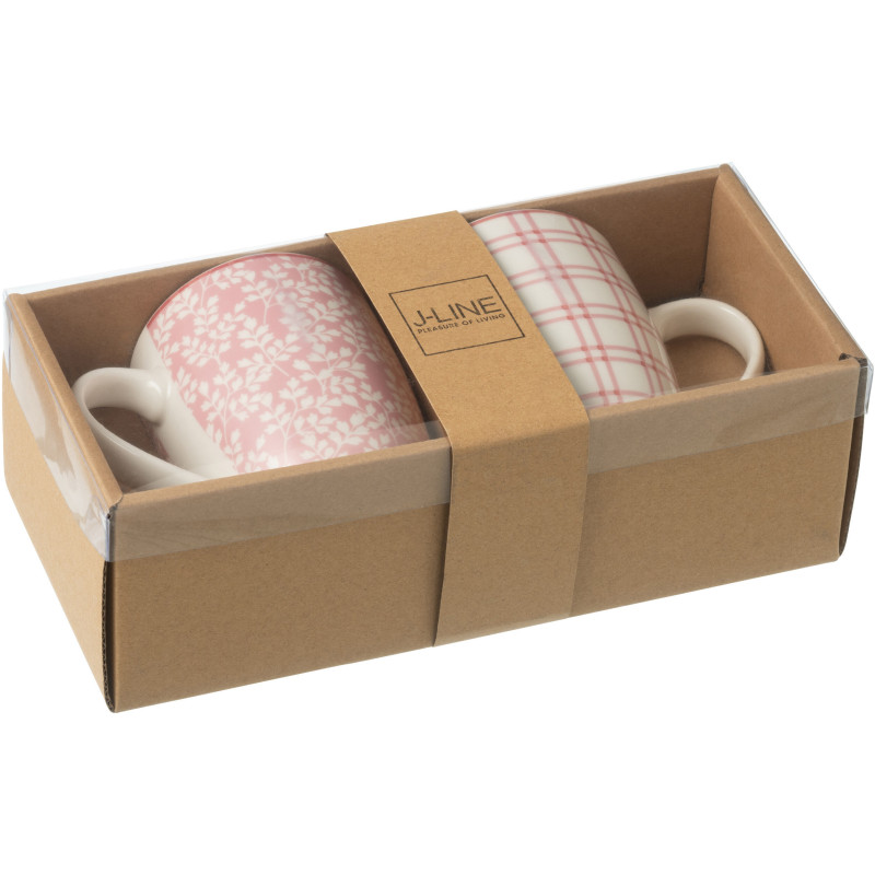Coffret 2 Mugs 350 ml en Céramique Rose Blanc Motif fleurs et carreaux Keno - 2