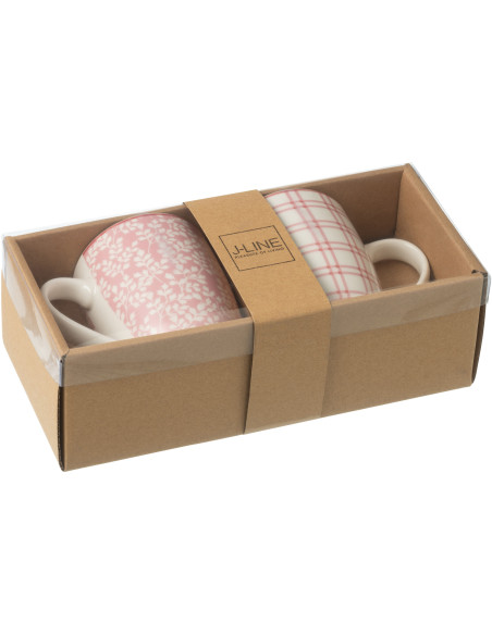 Coffret 2 Mugs 350 ml en Céramique Rose Blanc Motif fleurs et carreaux Keno - 2