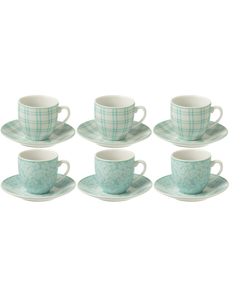 Coffret 6 Tasses Espresso 80 ml en Céramique Bleu Blanc Motif fleurs et carreaux Keno - 1
