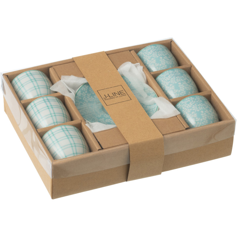 Coffret 6 Tasses Espresso 80 ml en Céramique Bleu Blanc Motif fleurs et carreaux Keno - 3