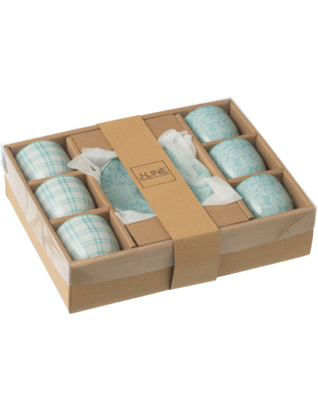 Coffret 6 Tasses Espresso 80 ml en Céramique Bleu Blanc Motif fleurs et carreaux Keno - 3
