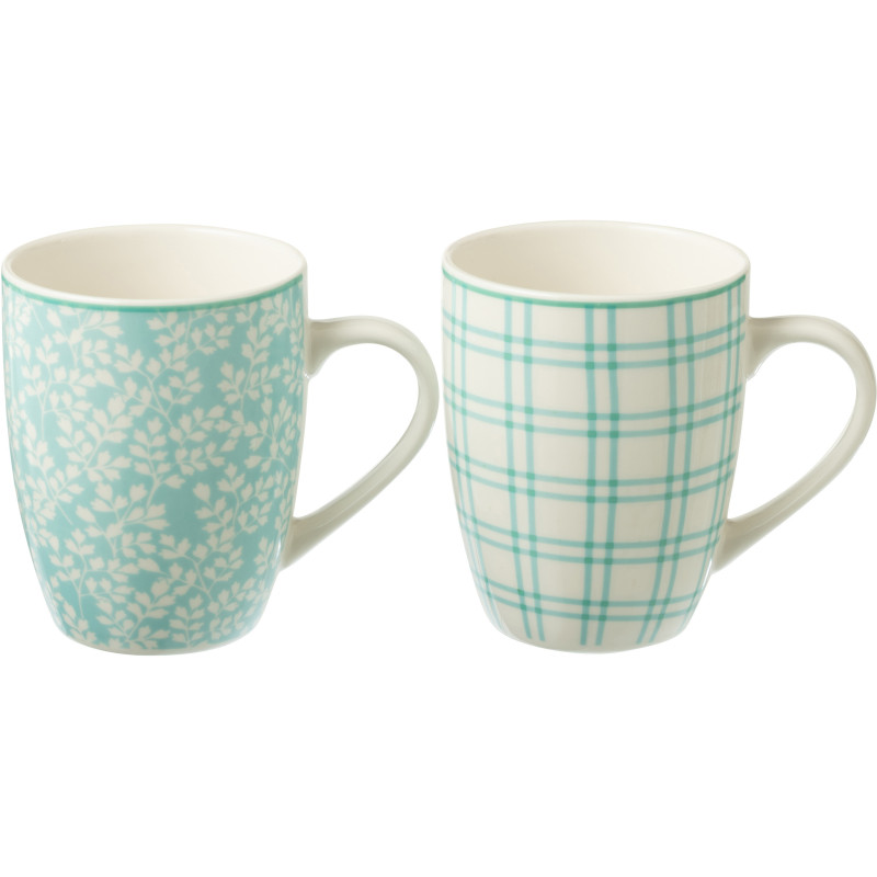 Coffret 2 Mugs 350 ml en Céramique Bleu Blanc Motif fleurs et carreaux Keno - 1