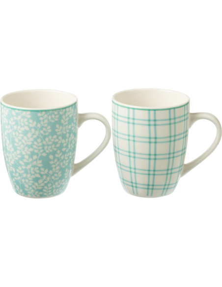 Coffret 2 Mugs 350 ml en Céramique Bleu Blanc Motif fleurs et carreaux Keno - 1
