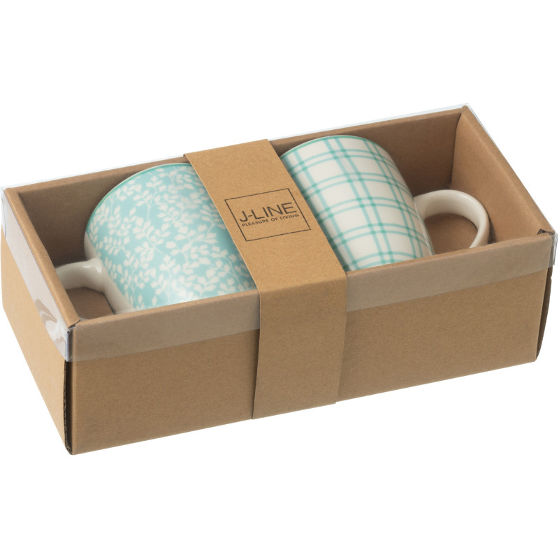 Coffret 2 Mugs 350 ml en Céramique Bleu Blanc Motif fleurs et carreaux Keno - 2
