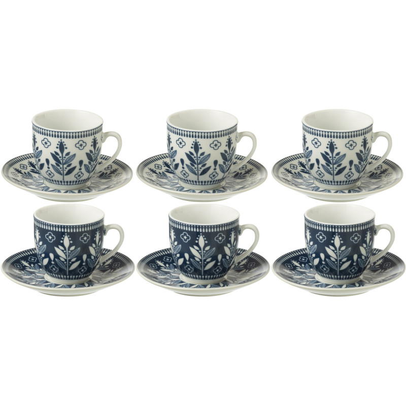 Coffret 6 Tasses Espresso 80 ml en Céramique Bleu foncé Blanc Motif feuilles Kalo - 1