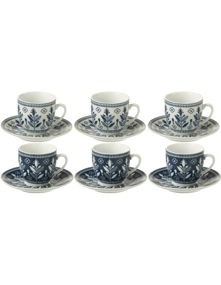 Coffret 6 Tasses Espresso 80 ml en Céramique Bleu foncé Blanc Motif feuilles Kalo - 1
