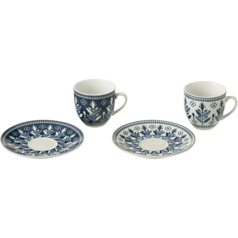 Coffret 6 Tasses Espresso 80 ml en Céramique Bleu foncé Blanc Motif feuilles Kalo - 2