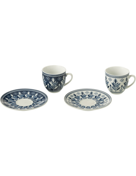 Coffret 6 Tasses Espresso 80 ml en Céramique Bleu foncé Blanc Motif feuilles Kalo - 2