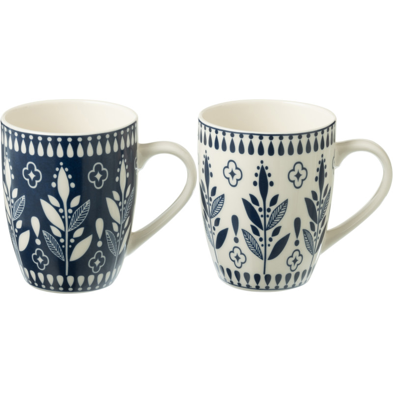 Coffret 2 Mugs 350 ml en Céramique Bleu foncé Blanc Motif feuilles Kalo - 1