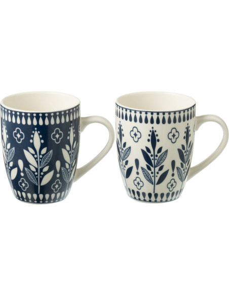 Coffret 2 Mugs 350 ml en Céramique Bleu foncé Blanc Motif feuilles Kalo - 1