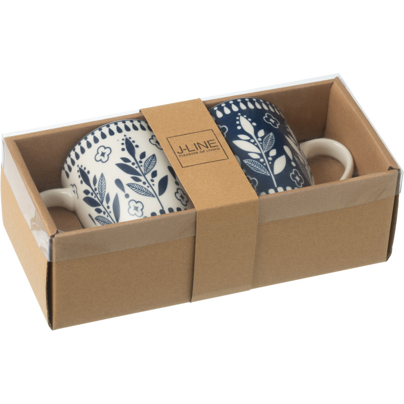 Coffret 2 Mugs 350 ml en Céramique Bleu foncé Blanc Motif feuilles Kalo - 2