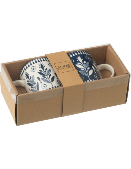 Coffret 2 Mugs 350 ml en Céramique Bleu foncé Blanc Motif feuilles Kalo - 2