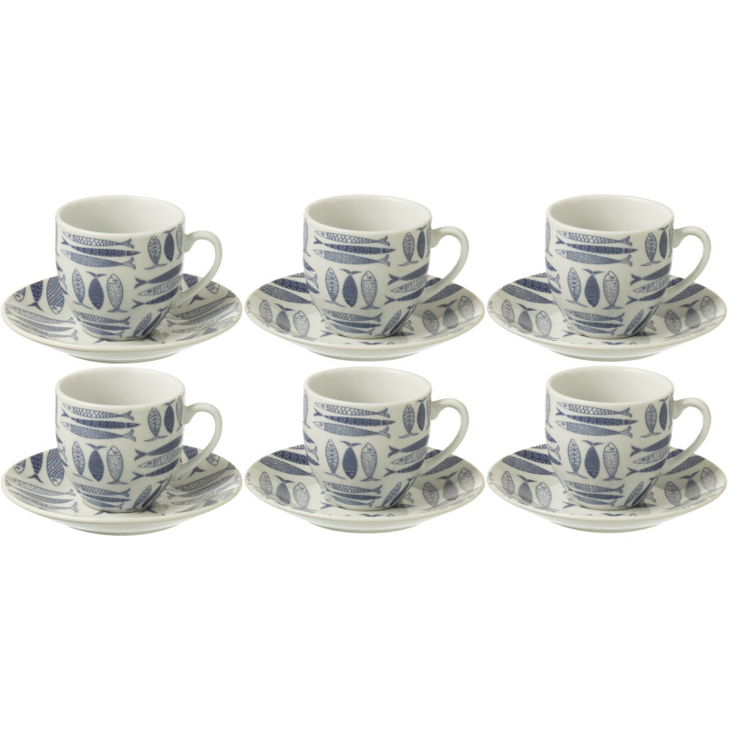 Coffret 6 Tasses Espresso 80 ml en Céramique Bleu foncé Blanc Motif poissons Sola - 1