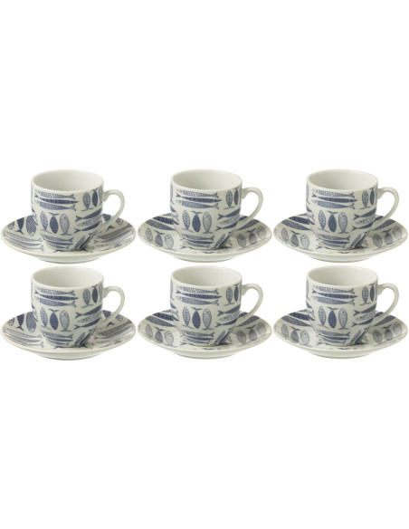 Coffret 6 Tasses Espresso 80 ml en Céramique Bleu foncé Blanc Motif poissons Sola - 1