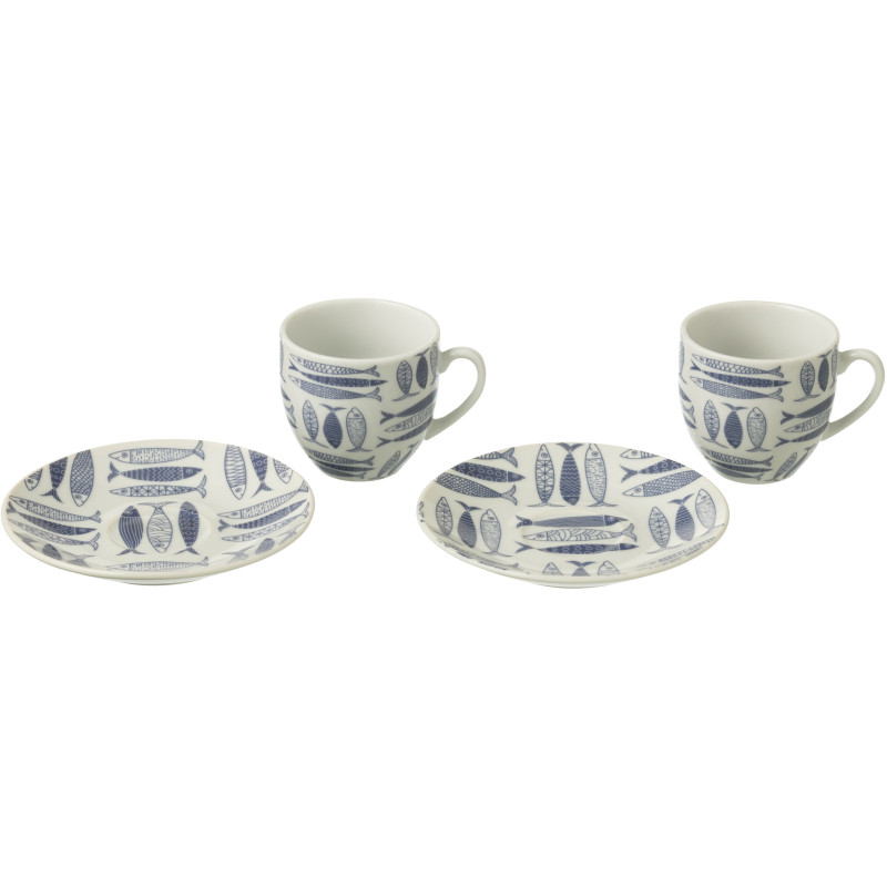 Coffret 6 Tasses Espresso 80 ml en Céramique Bleu foncé Blanc Motif poissons Sola - 2