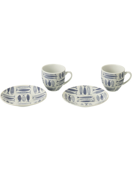 Coffret 6 Tasses Espresso 80 ml en Céramique Bleu foncé Blanc Motif poissons Sola - 2