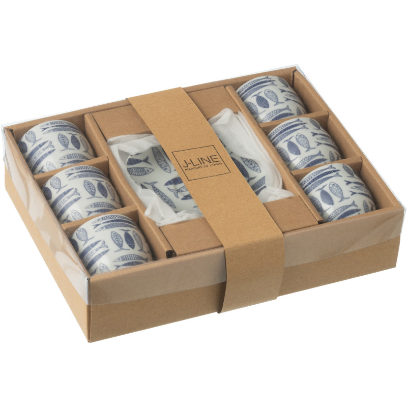 Coffret 6 Tasses Espresso 80 ml en Céramique Bleu foncé Blanc Motif poissons Sola - 3