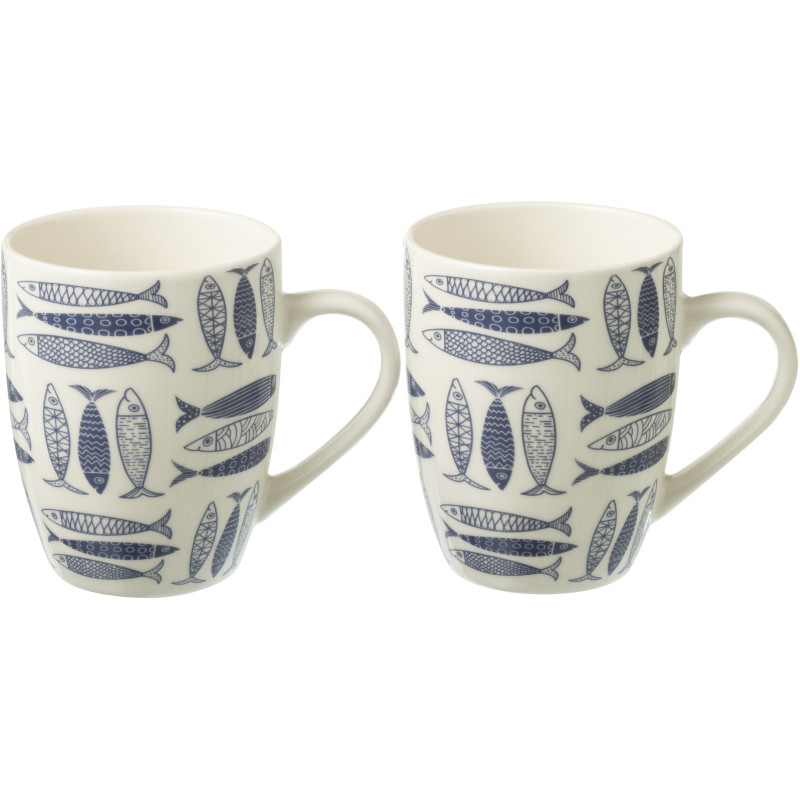 Coffret 2 Mugs 350 ml en Céramique Bleu foncé Blanc Motif poissons Sola - 1