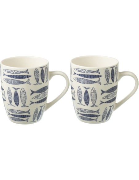 Coffret 2 Mugs 350 ml en Céramique Bleu foncé Blanc Motif poissons Sola - 1