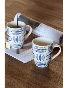 Coffret 2 Mugs 350 ml en Céramique Bleu foncé Blanc Motif poissons Sola - 1 2