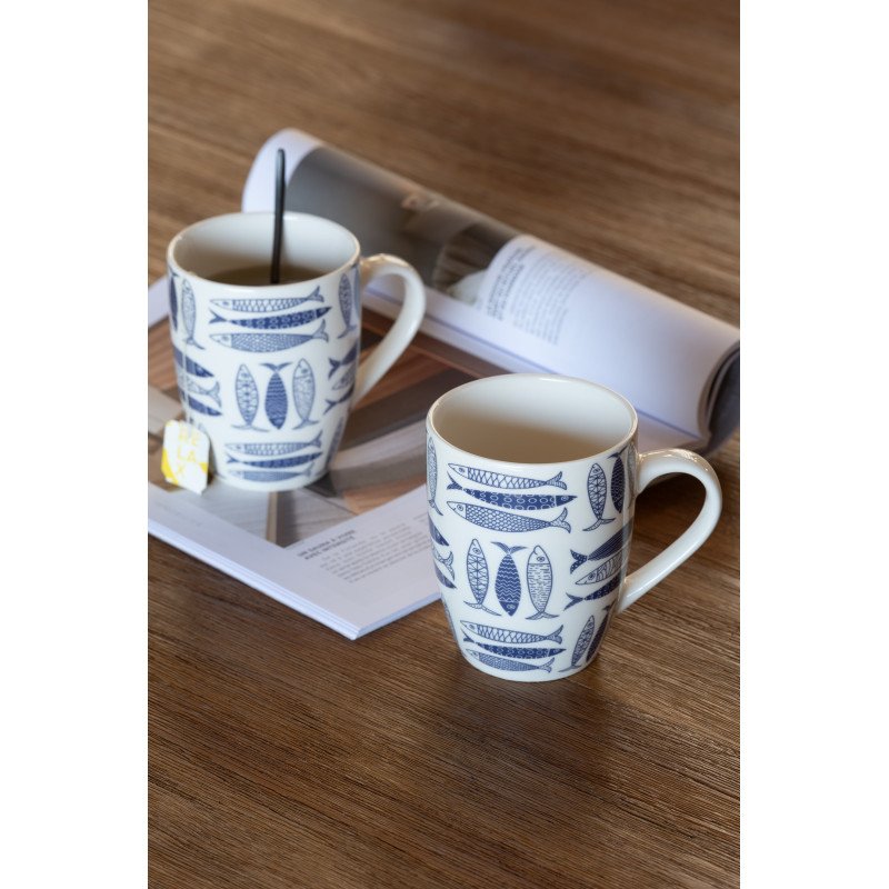Coffret 2 Mugs 350 ml en Céramique Bleu foncé Blanc Motif poissons Sola - 2