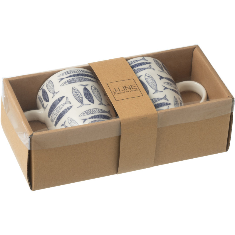 Coffret 2 Mugs 350 ml en Céramique Bleu foncé Blanc Motif poissons Sola - 3