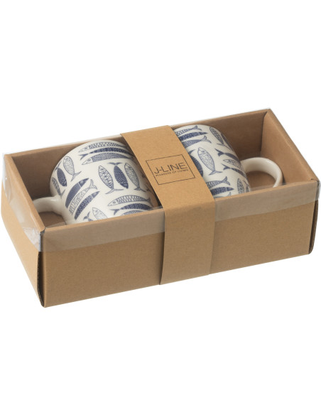 Coffret 2 Mugs 350 ml en Céramique Bleu foncé Blanc Motif poissons Sola - 3