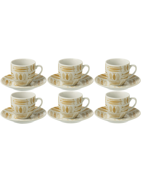 Coffret 6 Tasses Espresso 80 ml en Céramique Jaune ocre Blanc Motif poissons Sola - 1