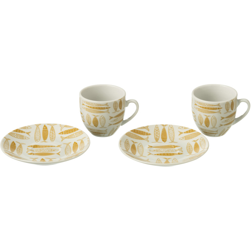 Coffret 6 Tasses Espresso 80 ml en Céramique Jaune ocre Blanc Motif poissons Sola - 2