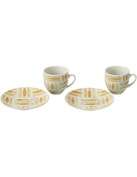 Coffret 6 Tasses Espresso 80 ml en Céramique Jaune ocre Blanc Motif poissons Sola - 2