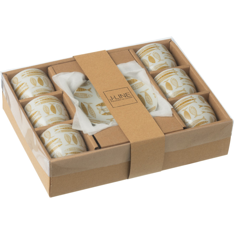 Coffret 6 Tasses Espresso 80 ml en Céramique Jaune ocre Blanc Motif poissons Sola - 3